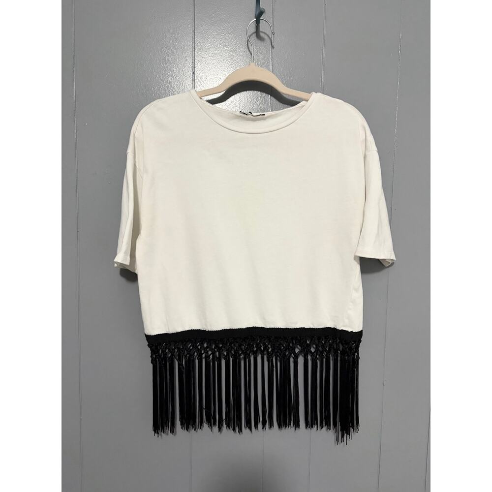 Zara White Black Fringe Knit Short Sleeve Boxy Boho Minimalist Top S